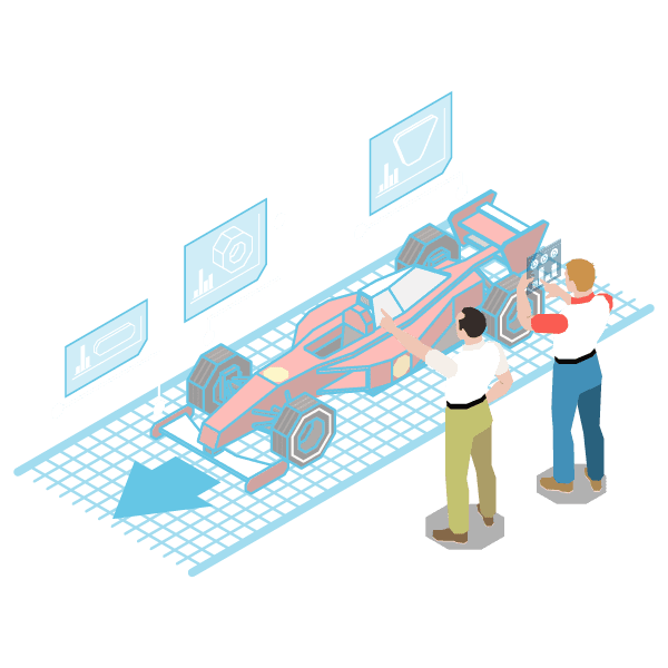 two people observing a virtual formula 1 car