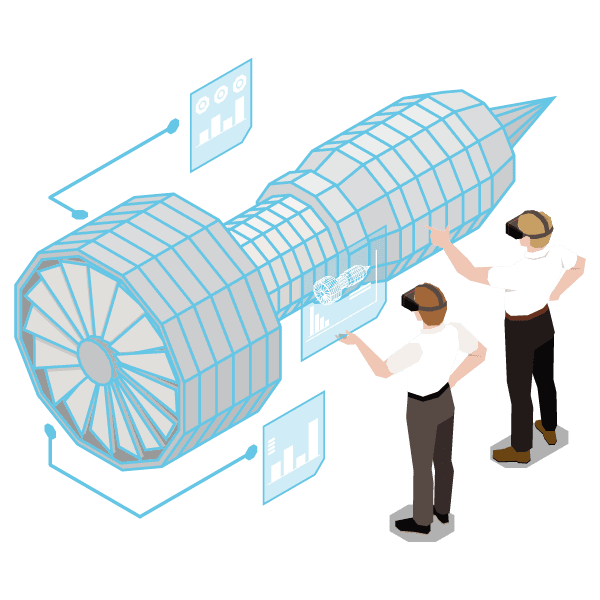 two people observing a virtual turbine engine